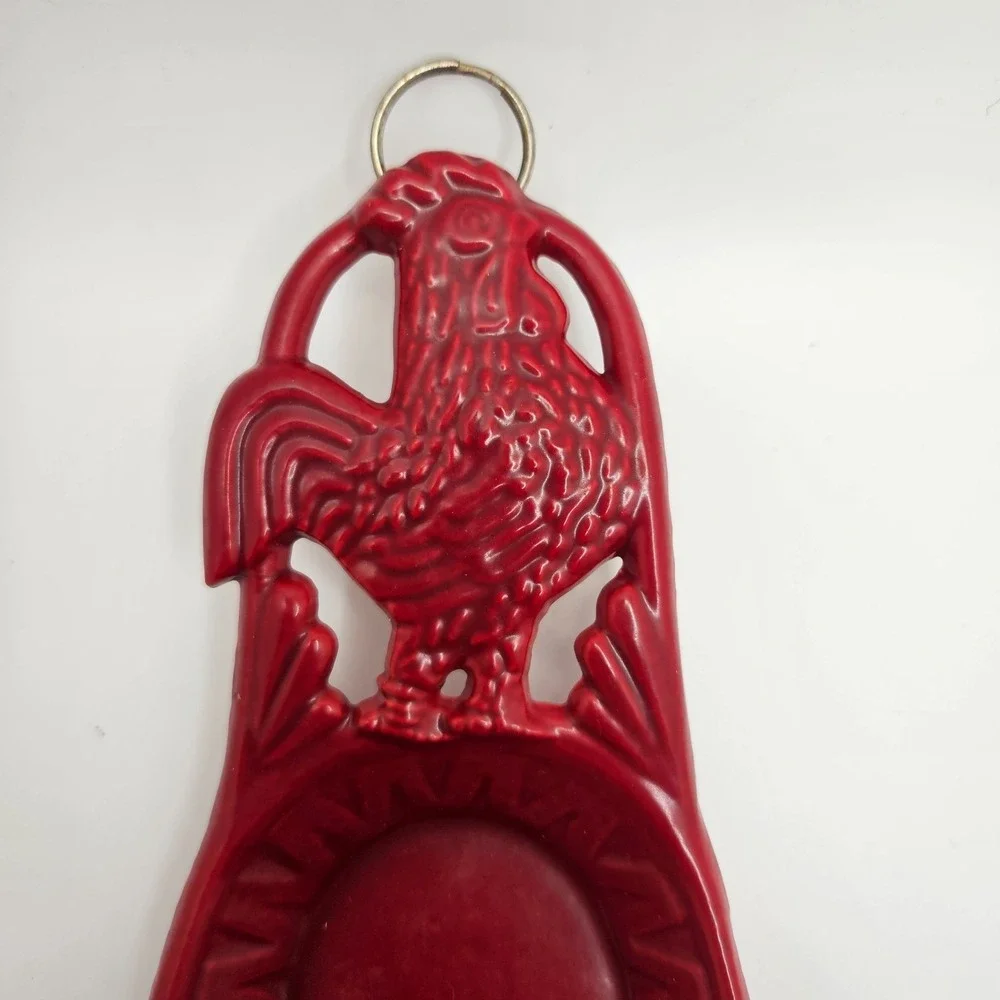 Vintage Red Enameled Cast Iron Rooster Chicken Spoon Rest Wall‎ Hanger